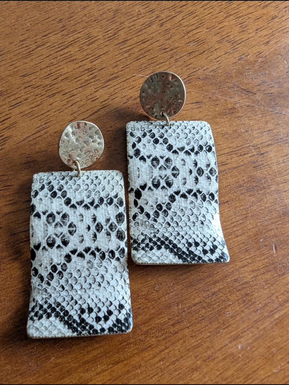 Source Unknown Black and White Snakeskin Rectangle Drop Earrings with Gold Discs